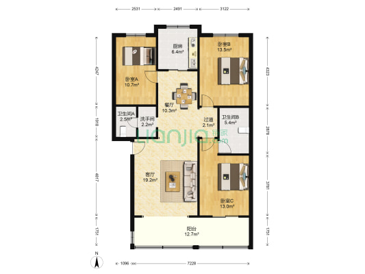 国安苑 3室2厅3卫 120平方