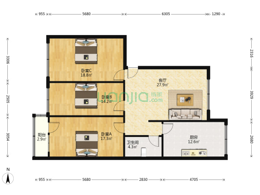 兴华小区 3室1厅1卫 124平方