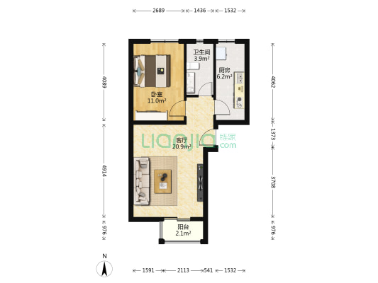 榆垡新城嘉园B区 1室1厅1卫 64平方