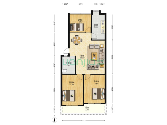 信江中路34号 3室1厅1卫 91平方