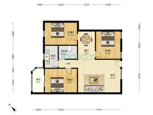 金乐大厦 3室2厅1卫 113平方