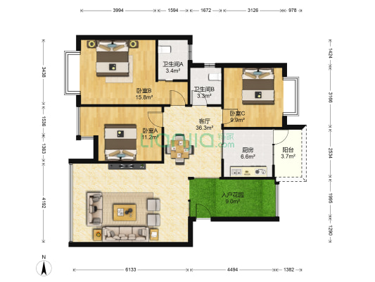缙云小区A区 3室1厅2卫 114平方