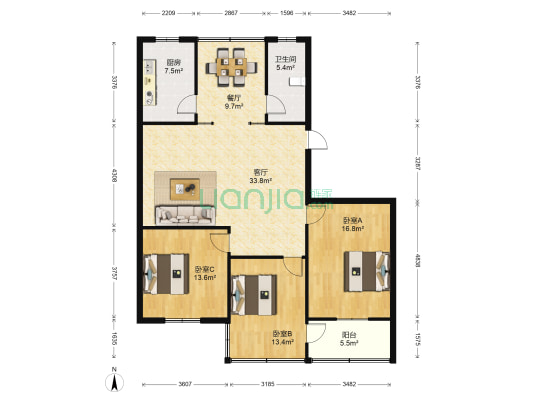西苑小区 3室2厅1卫 128平方