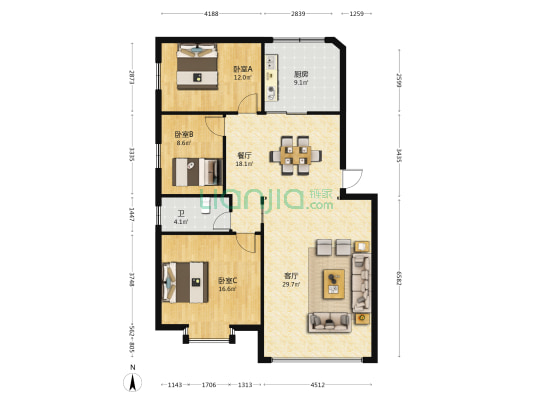 美湾西一区 3室2厅1卫 86平方