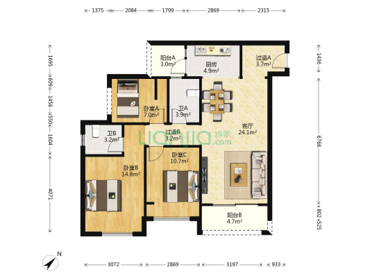 奥园盘龙壹号雅典苑 3室1厅2卫 96平方