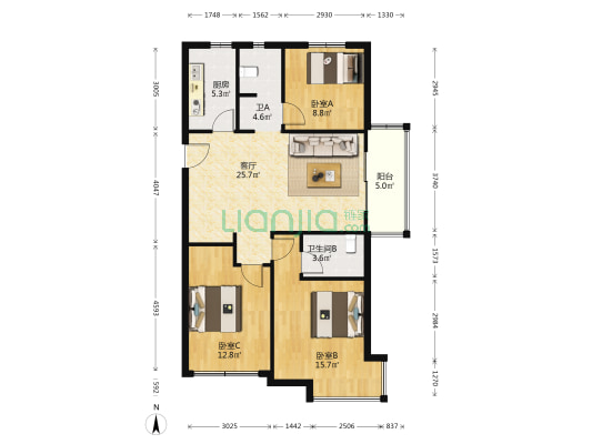 中海城南公馆二期 3室1厅2卫 96平方