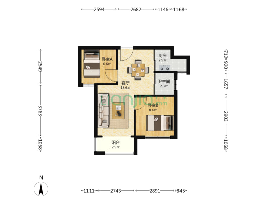 中铁水映加州公寓 2室1厅1卫 65平方