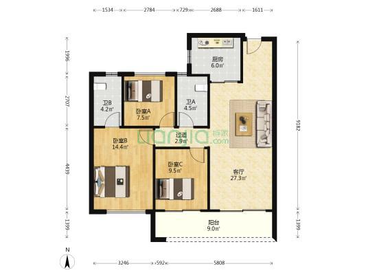 江来上府 3室1厅2卫 115平方