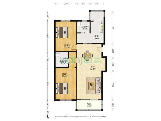 海叶公寓 2室1厅2卫 117平方