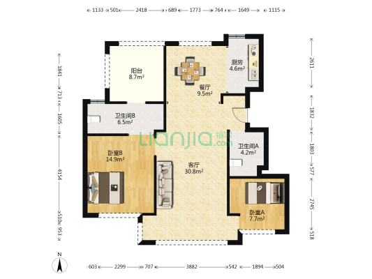 祥生东方樾东福春晓 2室2厅2卫 90平方
