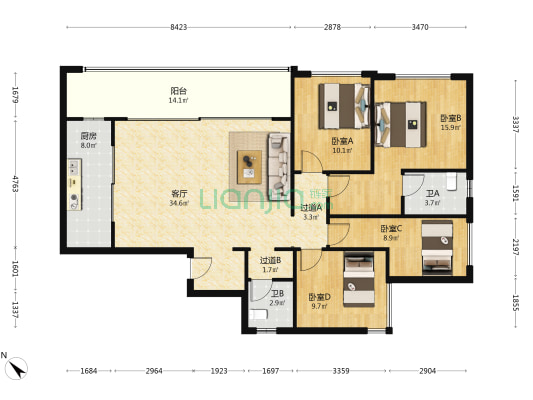印江州瑾印 4室1厅2卫 135平方
