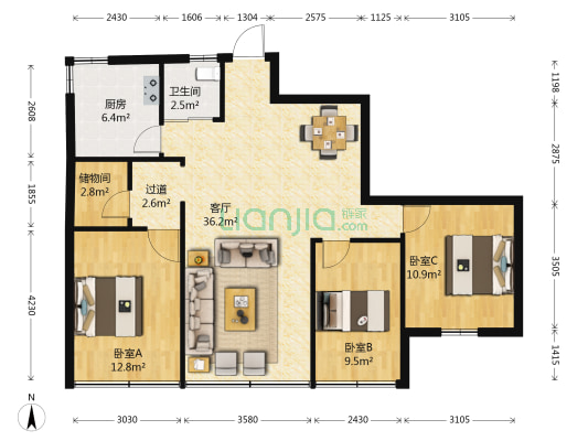 康祥小区 3室1厅1卫 117平方