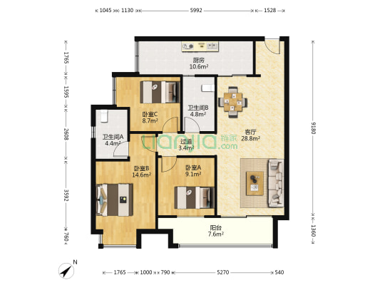 中建滨江星城 3室1厅2卫 115平方