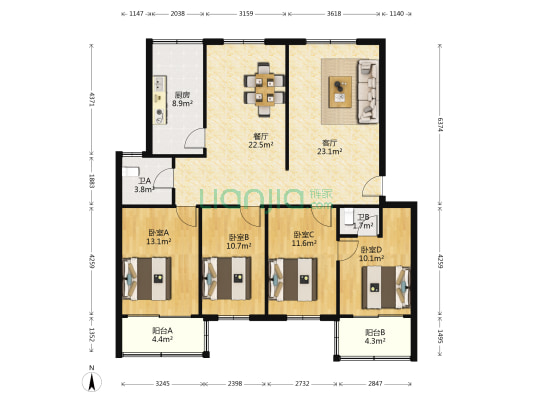 区委院内宿舍 4室2厅2卫 136平方