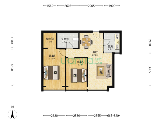仁恒世纪中心 2室1厅1卫 88平方