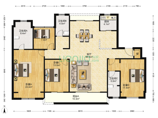 梧桐苑 4室1厅3卫 185平方