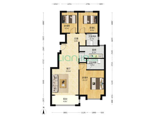 首创禧悦 3室1厅2卫 100平方
