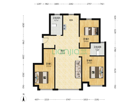 湖岸缇香 3室1厅2卫 115平方
