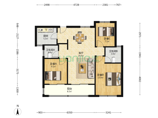 华发臻庭 3室1厅2卫 100平方
