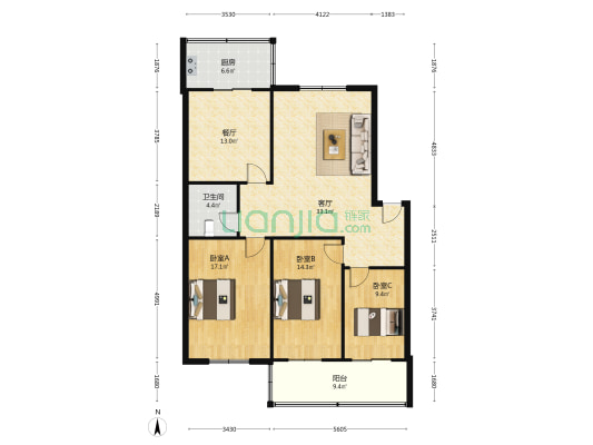 泽丰苑小区 3室2厅1卫 134平方