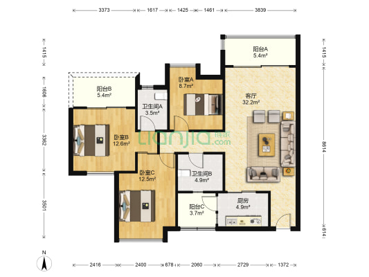 中海康城 3室1厅2卫 107平方