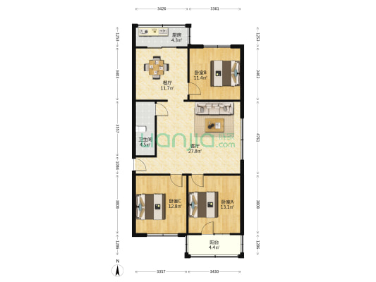 荣华里 3室2厅1卫 107平方