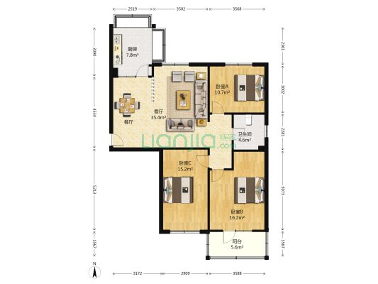 容丰小区 3室1厅1卫 107平方