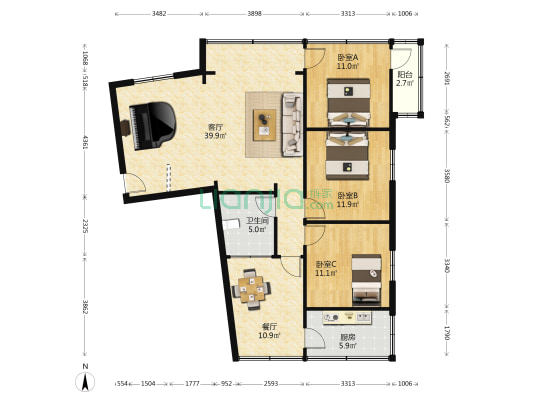 伏龙坪社区 3室2厅1卫 117平方