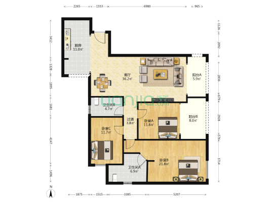 中渝滨江壹号C区 3室1厅2卫 142平方