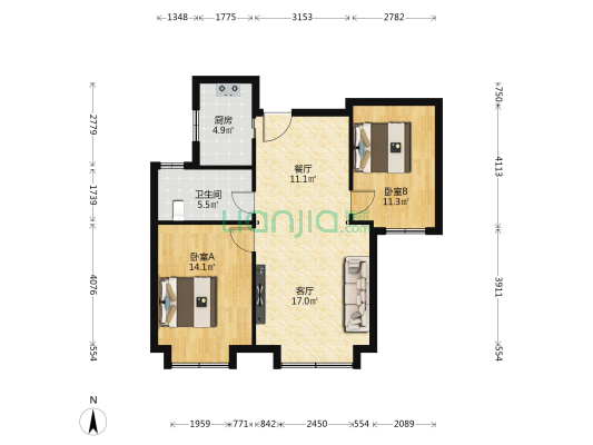天房天拖秋泽园 2室2厅1卫 91平方