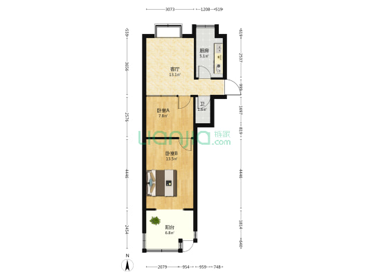 学院北路97号院 2室1厅1卫 53平方