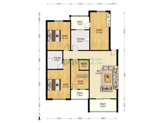 太炎花苑 4室1厅2卫 135平方