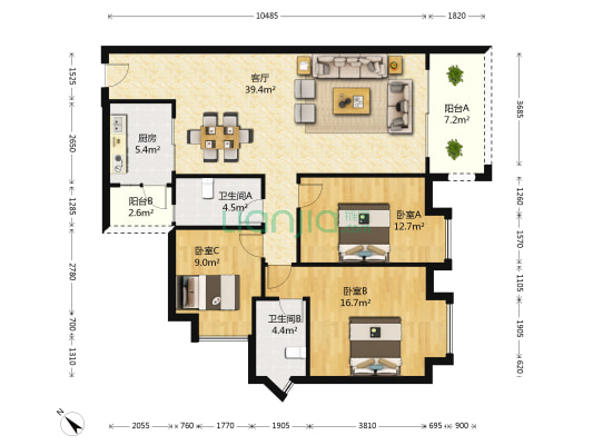 金沙湾花园金沙御苑 3室1厅2卫 125平方