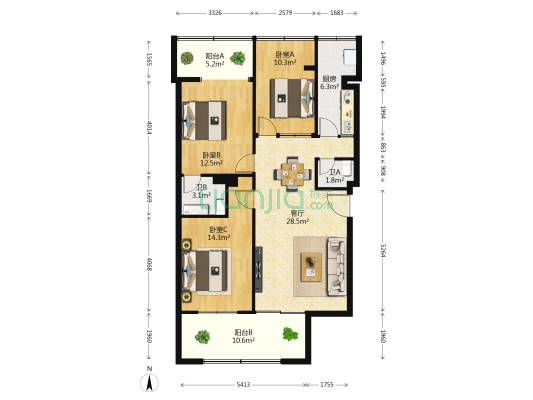 新宇花园 3室1厅2卫 91平方