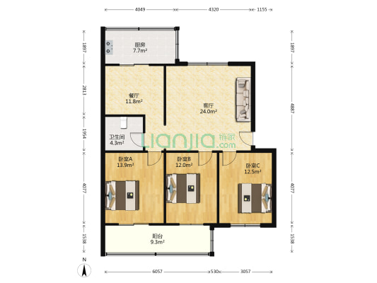 纺研所宿舍 3室2厅1卫 116平方