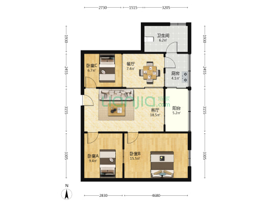 福临花园 3室2厅1卫 83平方