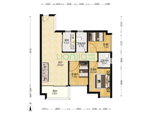 天基叠彩领峰 3室1厅2卫 92平方