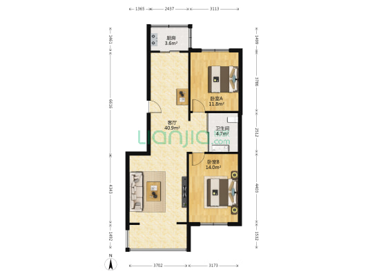 彤利紫竹尚苑B区 2室1厅1卫 100平方