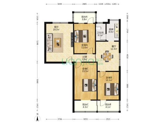 百年乐东风楼 3室2厅1卫 106平方