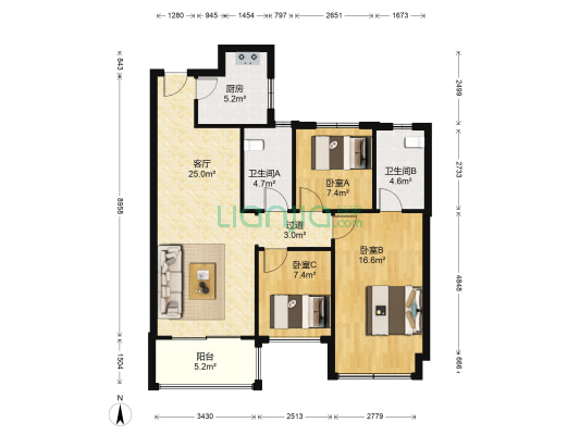 恒大帝景 3室1厅2卫 88平方