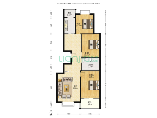 梧桐花园 3室1厅1卫 134平方
