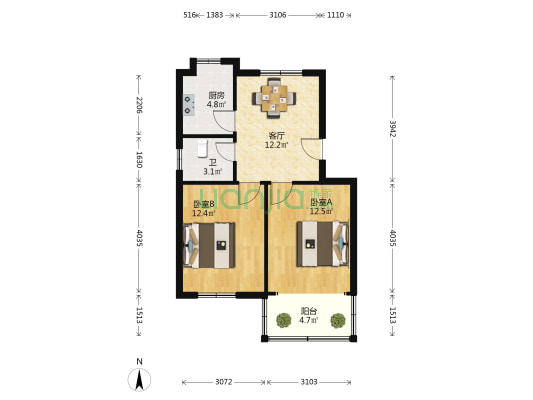 清河西马桥嘉房 2室1厅1卫 62平方
