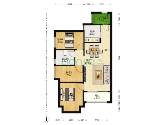 时代香海彼岸 3室1厅1卫 88平方