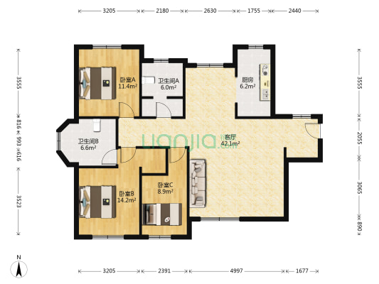 南北通透的次新房，双梯四户的大户型房源-户型图