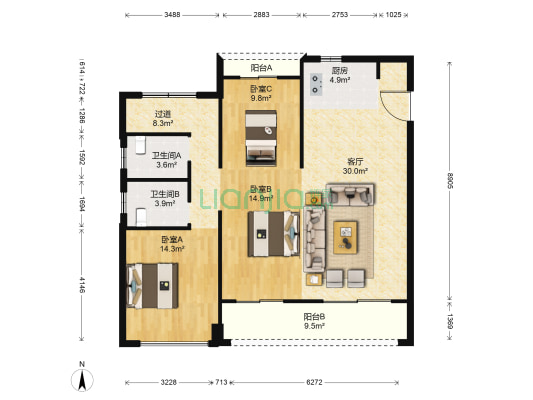 华鸿中央城南苑 3室1厅2卫 123平方