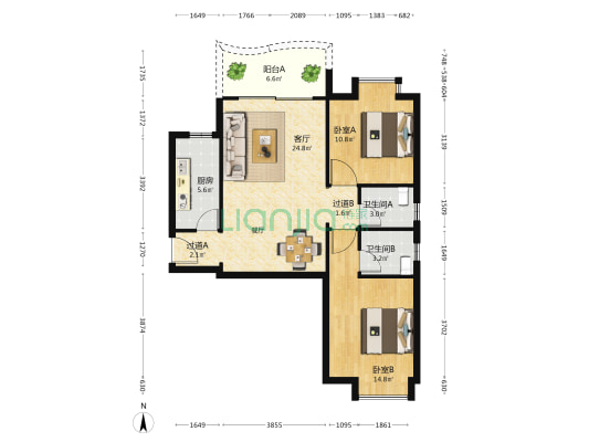 理想明岸坊 2室1厅2卫 91平方