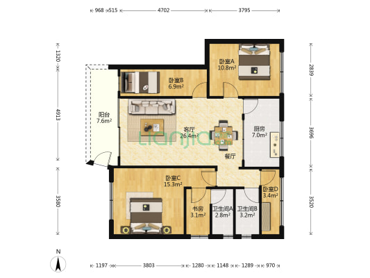 北较场路 5室1厅2卫 94平方