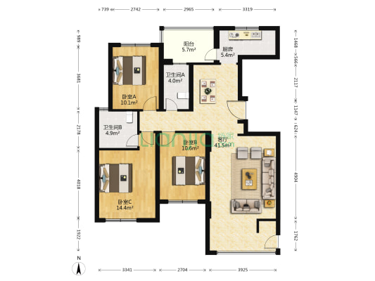 曼顿中央广场 3室1厅2卫 139平方