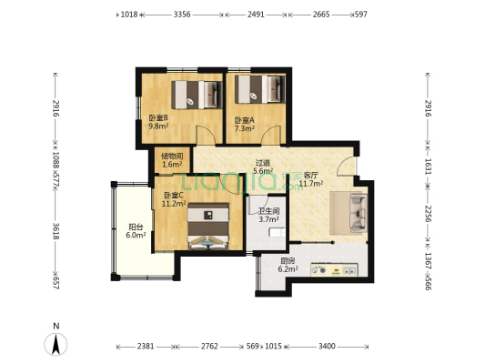 世贸大厦 3室1厅1卫 91平方