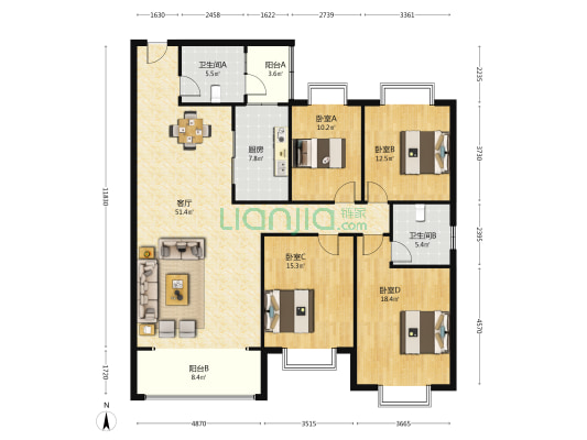 天一康园北区 4室1厅2卫 169平方
